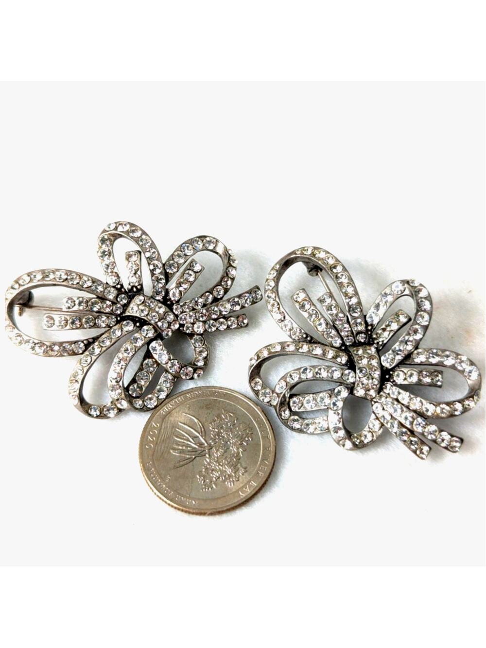 Vintage Nina Ricci for Avon Rhinestone Bow Brooch Pin Set of 2 Silvertone 1980s